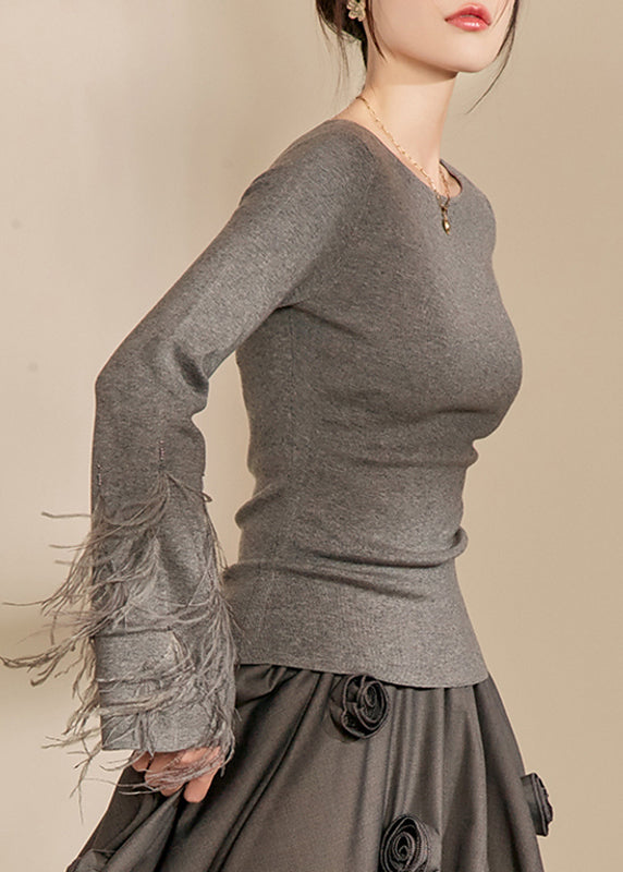 Fitted Grey O-neck Tassel Cotton Knit Sweaters Fall