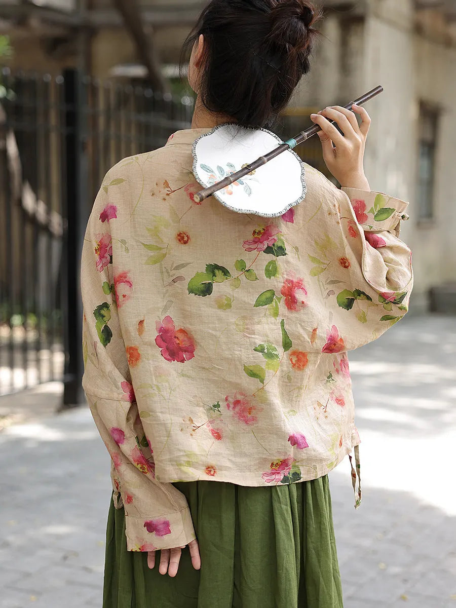 Flower Button-up Ramie Loose Shirt