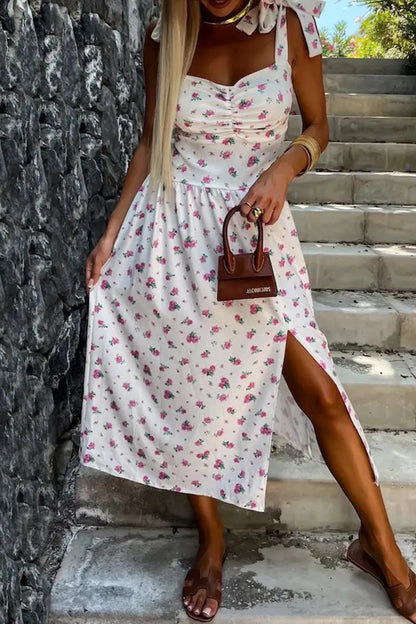 Color Print Backless Slit Belted Spaghetti Strap Sleeveless Dresses(7 Colors)