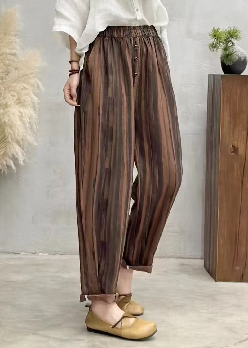 Brown Oversized Print Linen Harem Pants Summer