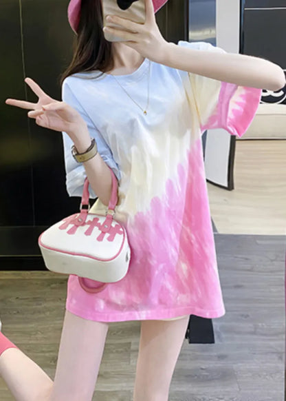 Gradient Color O Neck Tie Dye Cotton T Shirts Summer