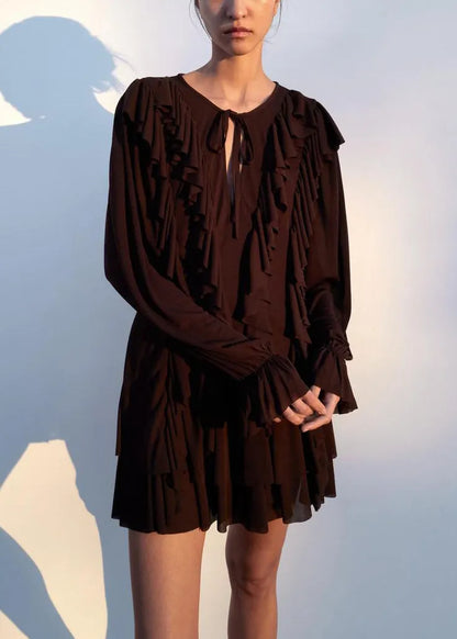 Chocolate Ruffled Lace Up Cotton Mini Dress Butterfly Sleeve