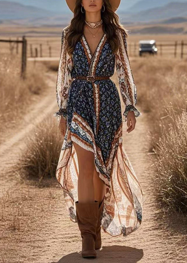 Blue V Neck Print Asymmetrical Chiffon Holiday Maxi Dress Spring