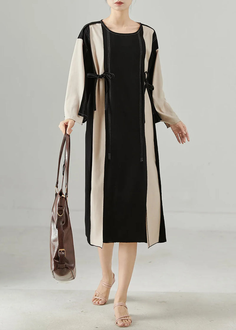Stylish Colorblock Oversized Patchwork Lace Up Cotton Dress Fall