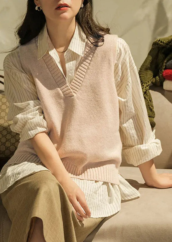Handmade Khaki V Neck Color Thick Wool Vest Tops Winter