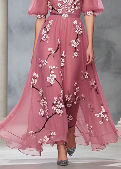 Rubber Red V Neck Print Chiffon Long Dress Summer