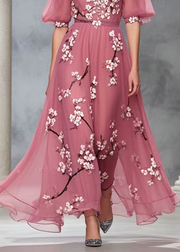 Rubber Red V Neck Print Chiffon Long Dress Summer