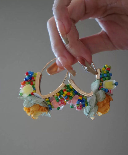 Original Design Gold Copper Tulle Beads Hoop Earrings