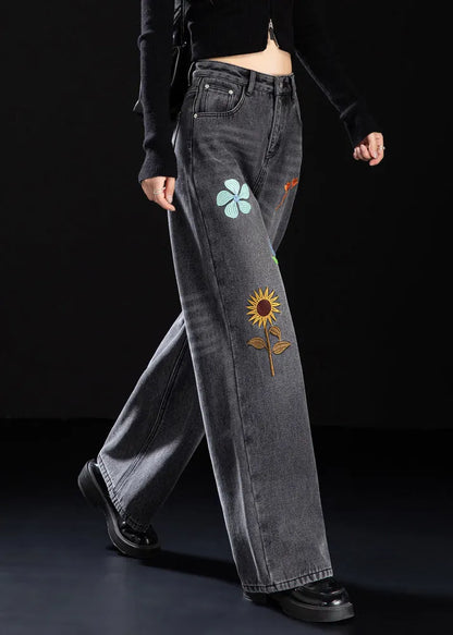 Handmade Black Embroidered Warm Fleece Denim Pants Winter