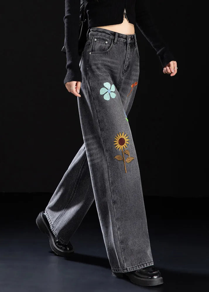 Handmade Black Embroidered Warm Fleece Denim Pants Winter