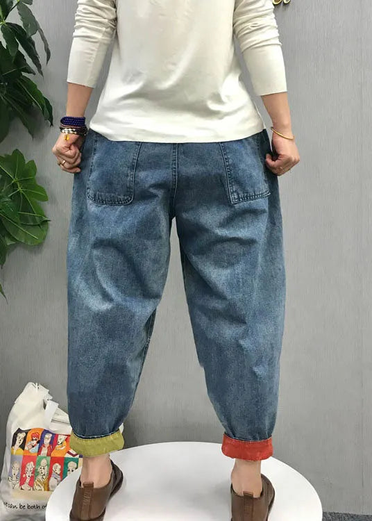 Blue Elastic Waist Pockets Denim Pants Spring