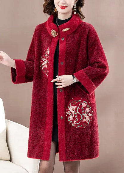 Mulberry Embroidered Long Mink Velvet Woolen Coats Spring
