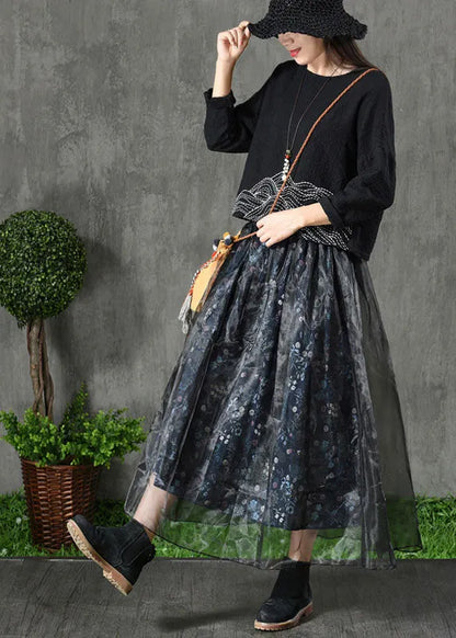 Navy Print Patchwork Fall Organza Skirt