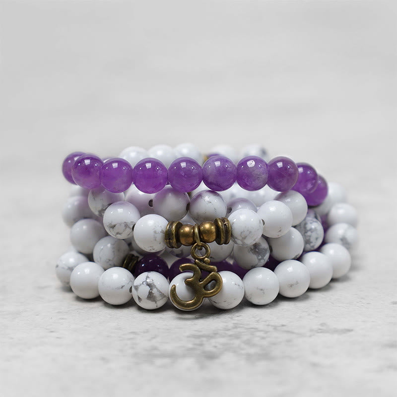 Buddha Stones 108 Mala Beads Amethyst White Turquoise Om Healing Meditation Energy Bracelet