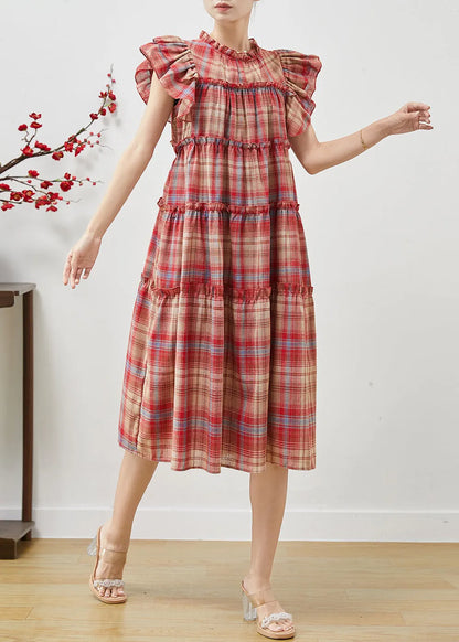 Red Ruffled Plaid Cotton Dresses Butterfly Sleeve
