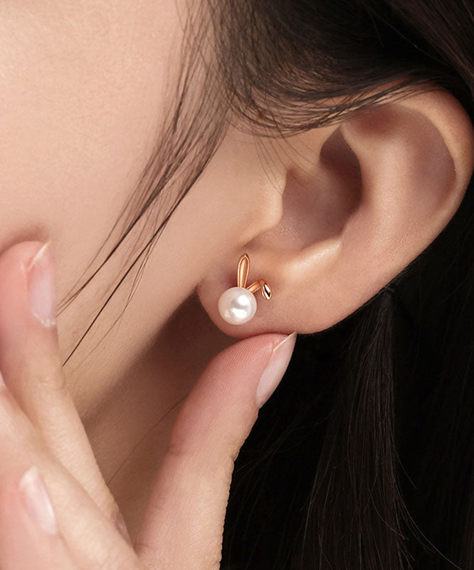 Rose Gold Rabbit Metal Pearl Stud Earrings