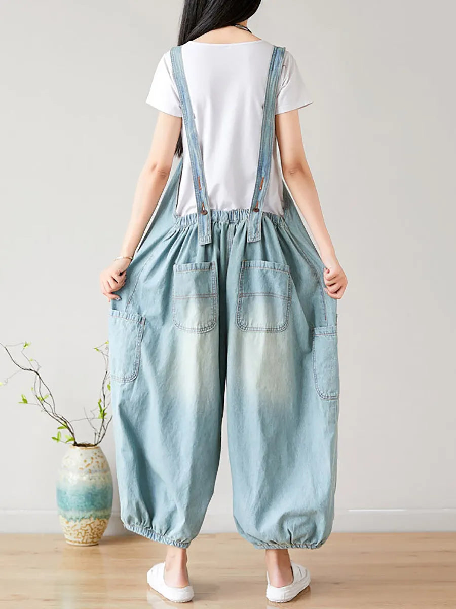 Summer Retro Frayed Washed Denim Jumpsuits