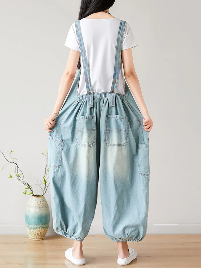 Summer Retro Frayed Washed Denim Jumpsuits