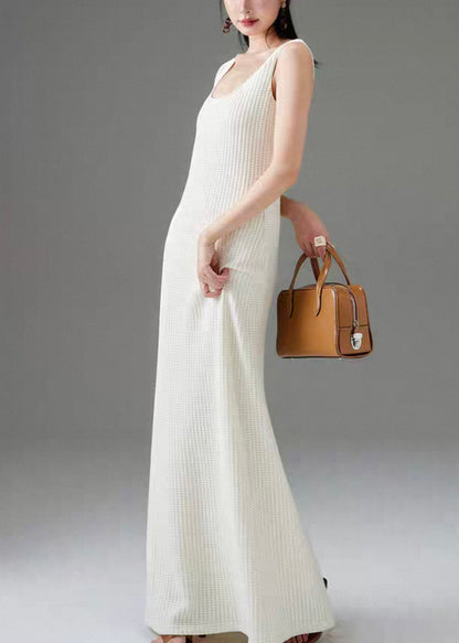 White Plaid Cotton Long Dress Sleeveless