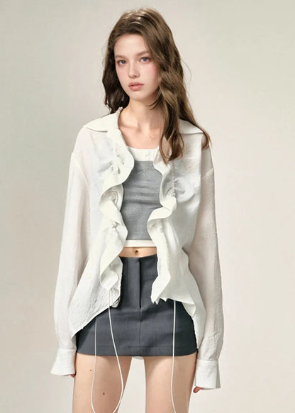 White Peter Pan Collar Cinched Cotton Shirts Top Fall