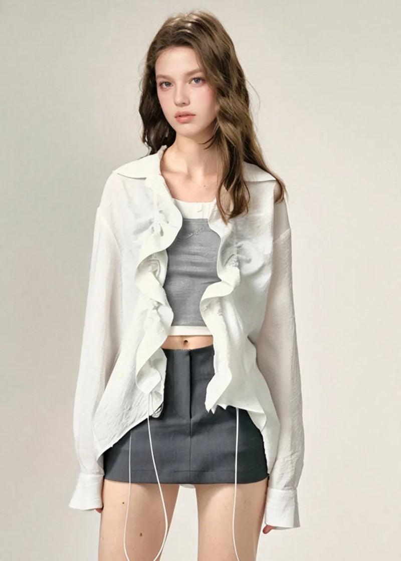 White Peter Pan Collar Cinched Cotton Shirts Top Fall