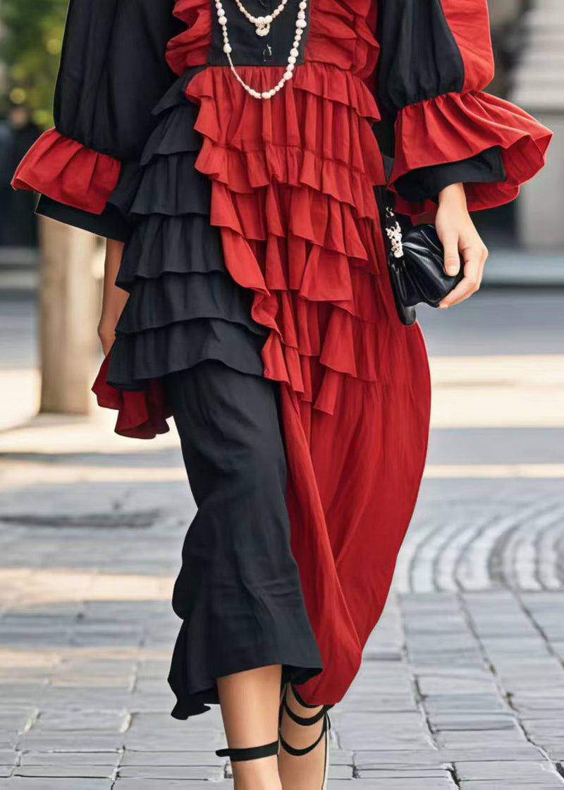 Colorblock Asymmetrical Patchwork Ruffles Party Dress Flare Sleeve