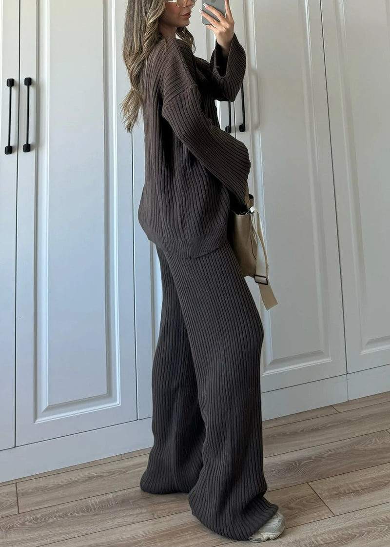 Loose Light Grey V Neck Button Knit Two Piece Set Fall
