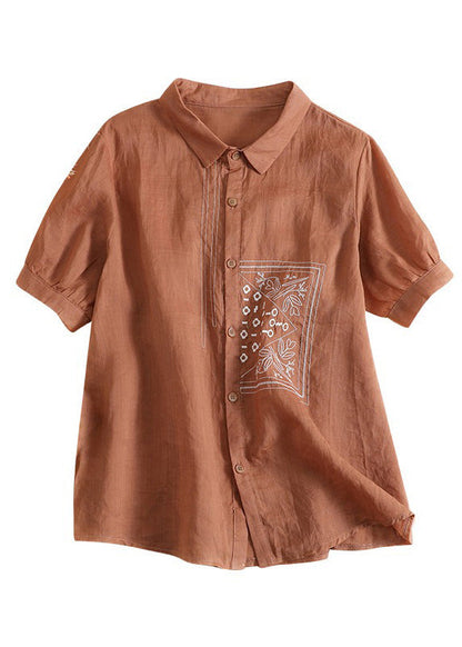 Orange Peter Pan Collar Print Button Linen Shirts Short Sleeve