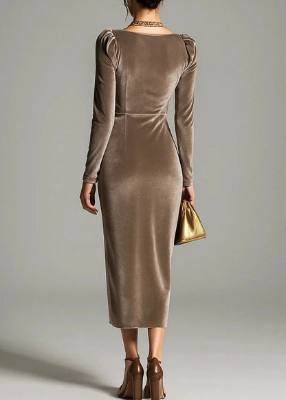 French Brown Square Collar Wrinkled Patchwork Velvet Dress Fall