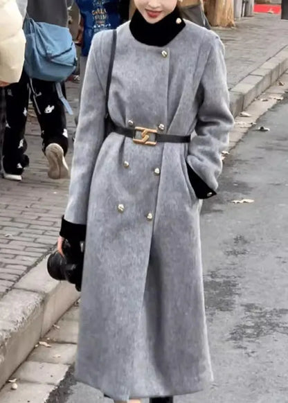 Grey Double Breast Sashes Woolen Long Coats Spring