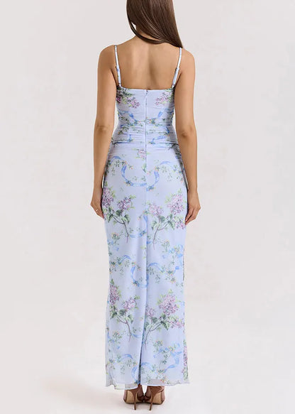 Novelty Blue Print Side Open Tulle Spaghetti Strap Dress Sleeveless