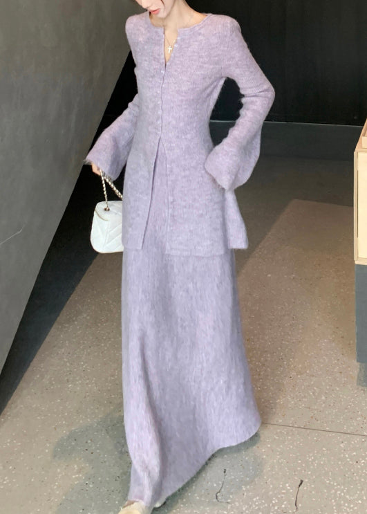 Purple Button Front Open Knit Two Piece Set Flare Sleeve