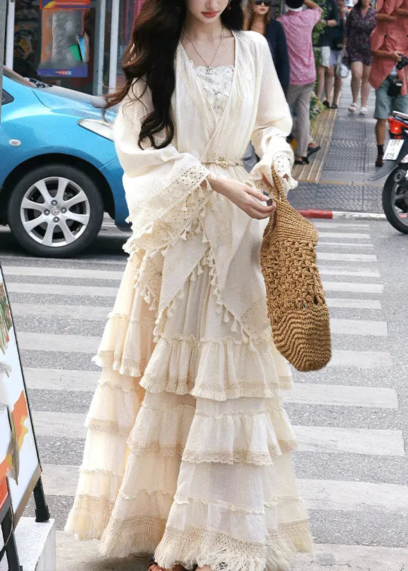 Art Beige V Neck Lace Patchwork Tassel Cardigans Maxi Skirts and Two Piece Set Spring