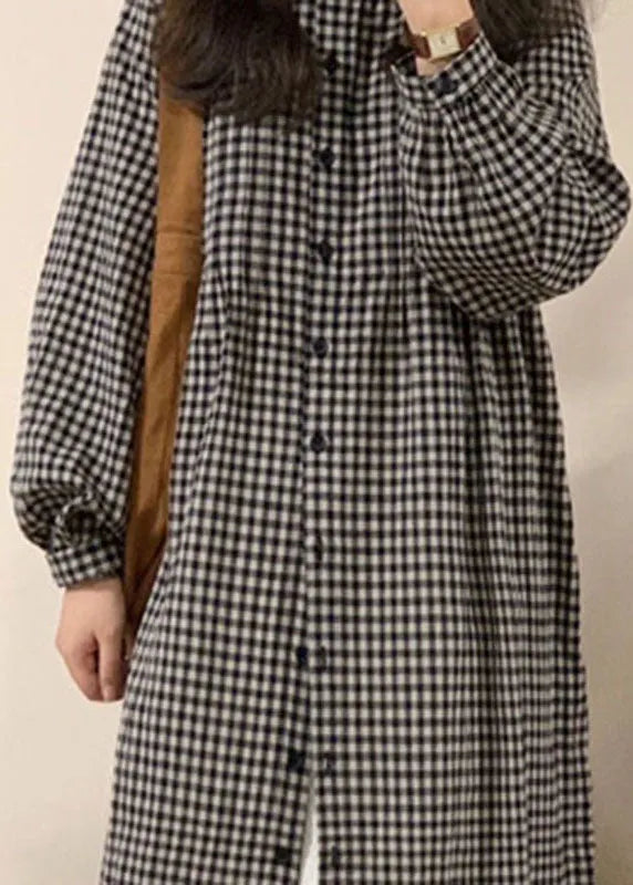 Apricot Plaid O-neck Button Long Shirts Dresses Spring