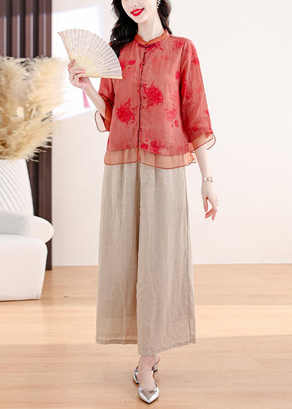 Red Print Tops and Pants Linen Two Pieces Set Summer