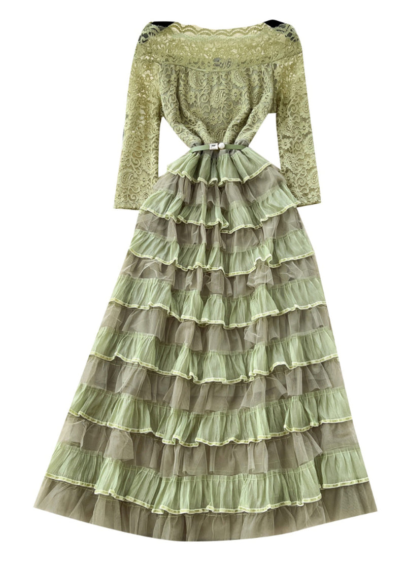 Green Slash Neck Ruffled Patchwork Lace Party Dress Spring