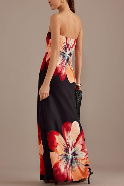 Charming Lady Satin Print Bandeau Loose Maxi Dress