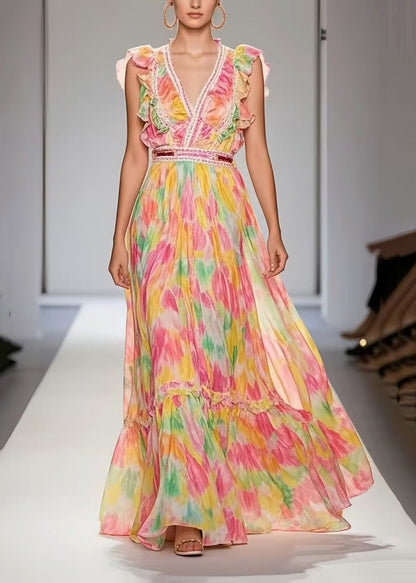 Pink Ruffled Print Exra Large Hem Chiffon Party Dress Sleeveless