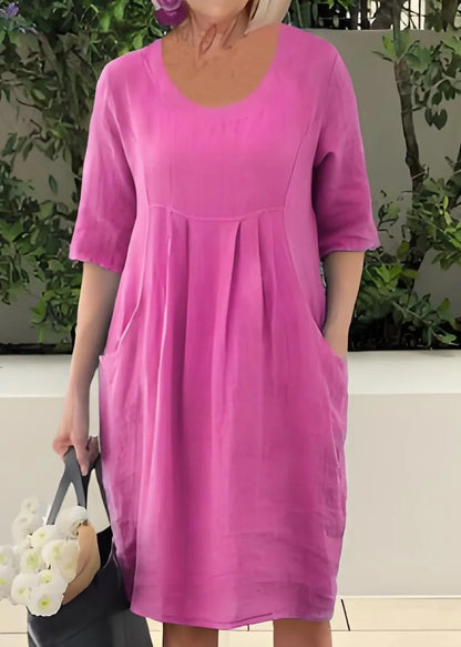 Blue O Neck Pockets Patchwork Cotton Dresses Summer