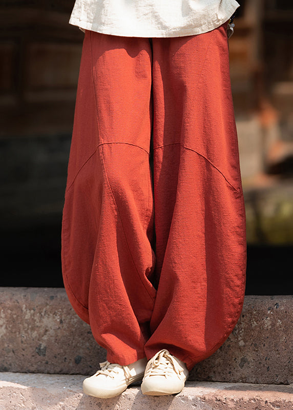 Yellow Pockets Elastic Waist Linen Pants Fall