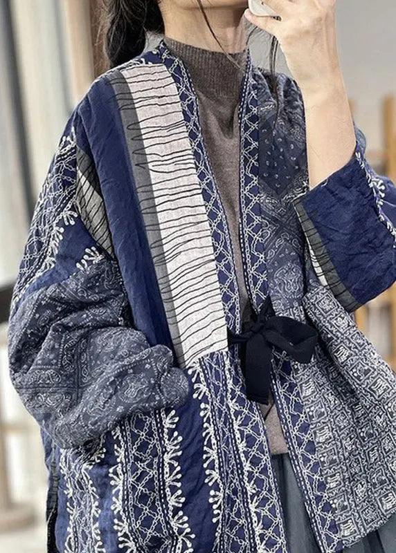 Navy Oversized Print Fine Cotton Filled Jackets Spring
