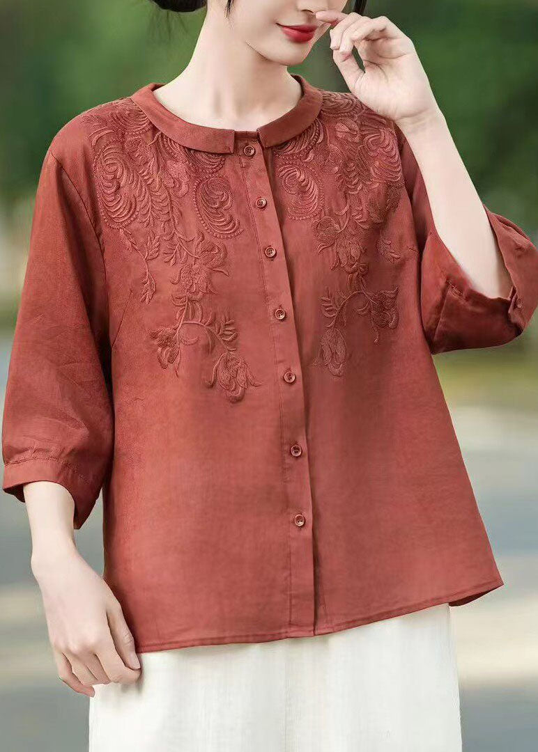 Yellow Peter Pan Collar Embroidered Linen Shirt Tops Half Sleeve