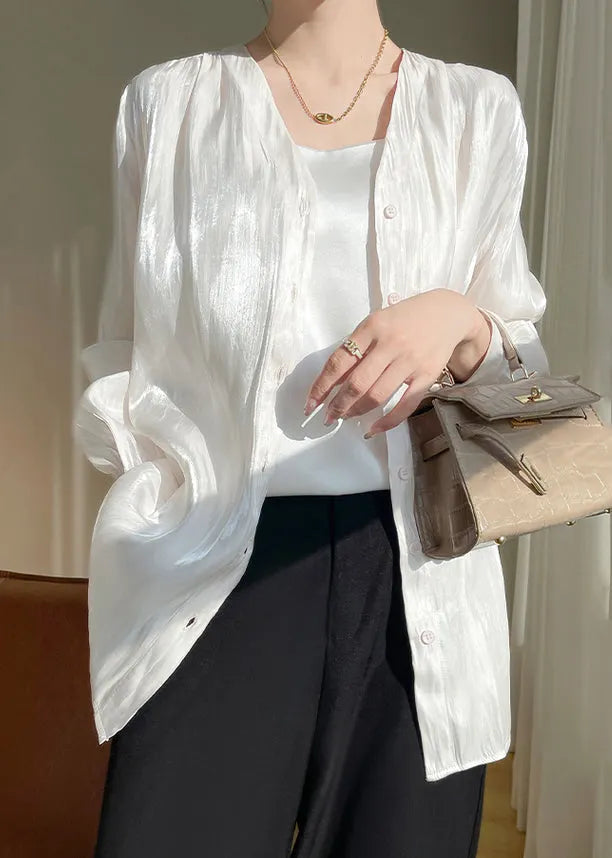 Simple White Button Silk Shirts Fall