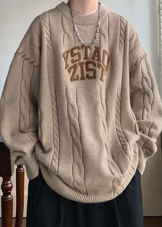 Simple Khaki O Neck Letter Cotton Knit Sweaters Winter