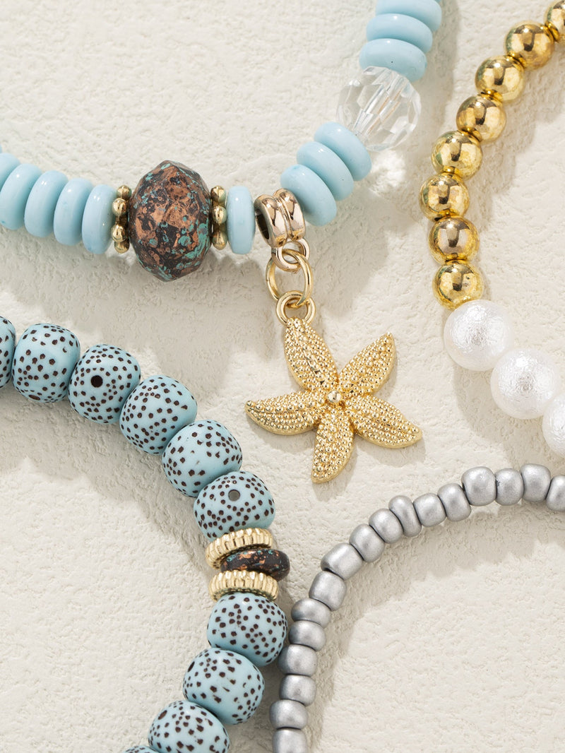 4pcs Starfish Pendant Beaded Bracelet Set Blue Color Hand String Jewelry Set Ocean Style