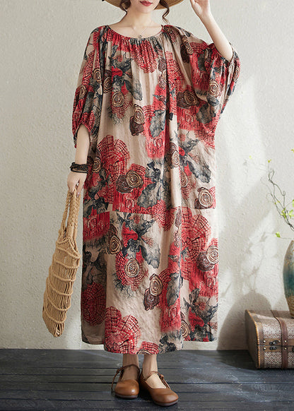 Red O Neck Print Cotton Long Dress Puff Sleeve