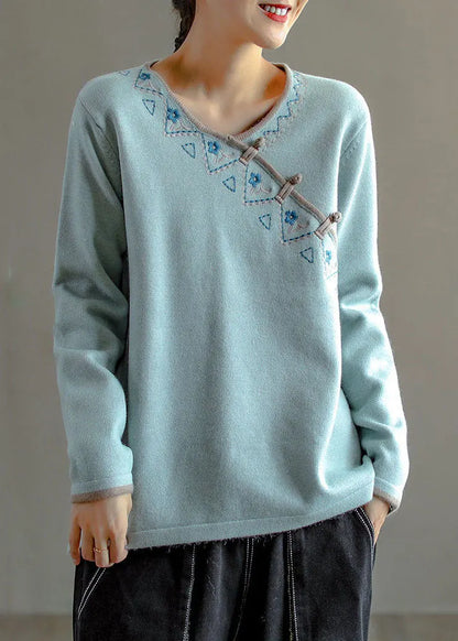 Natural Light Blue Embroidered Oriental Button Wool Knitted Tops Winter