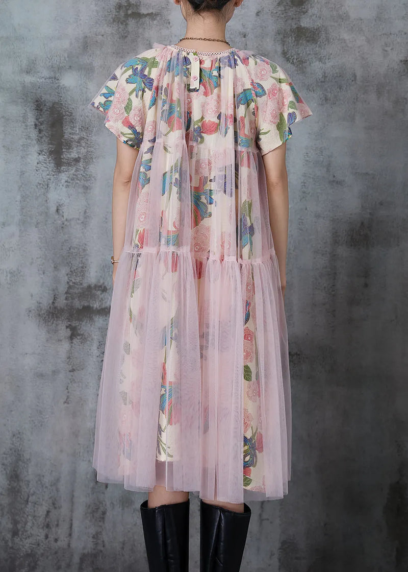 Apricot Print Tulle Work Dress Summer
