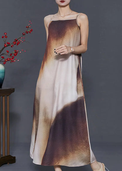 Brown Tie Dye Draping Silk Spaghetti Strap Dress Summer
