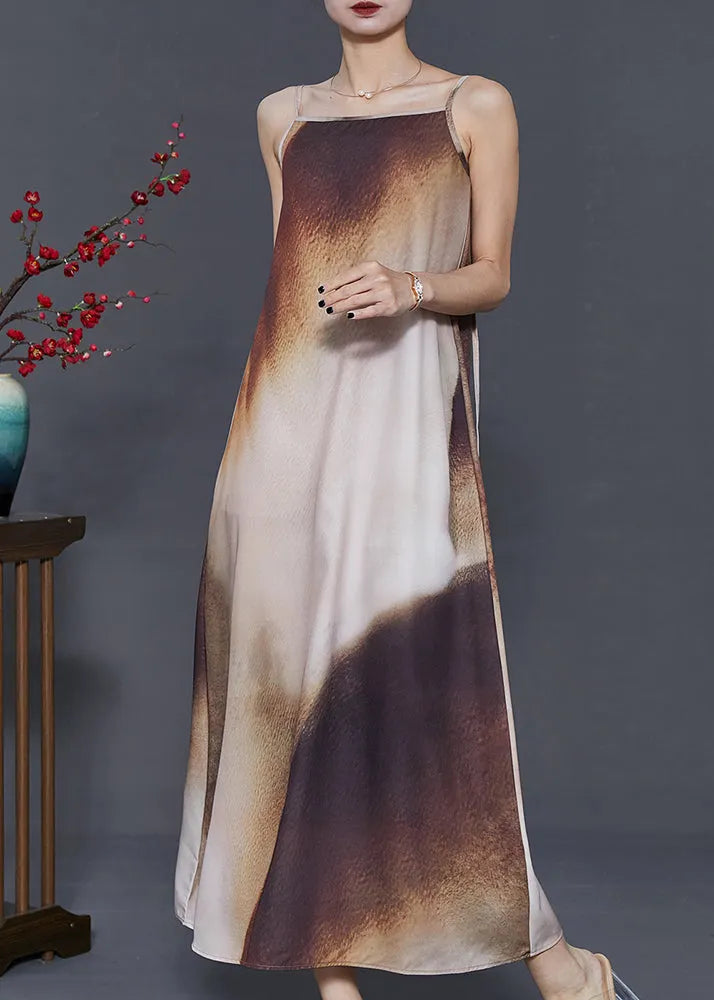 Brown Tie Dye Draping Silk Spaghetti Strap Dress Summer